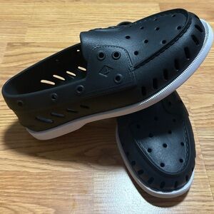 Sperry Black Perforated Boat Loafers with White Sole